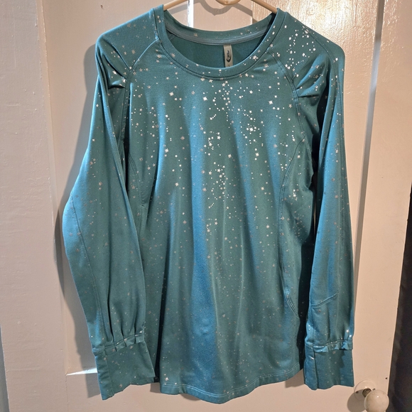 MTA Sport Tops - MTA Sport Teal Starry Long Sleeve Shirt Size Large Silver Metallic Stars Ruffles